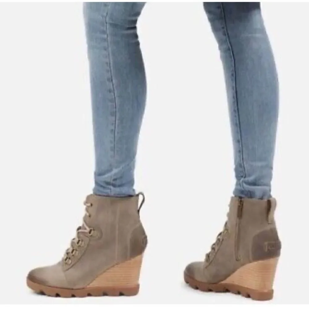 Sorel Joan Uptown Waterproof Wedge Bootie in mushroom. 8.5